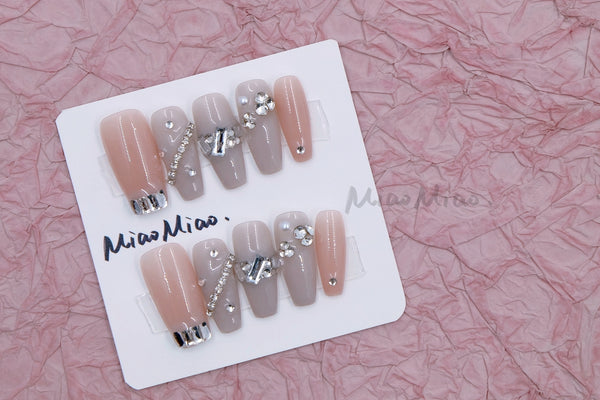 Naked Pink Crystal 10pcs Salon-quality Handmade Press on Nails - Medium Length